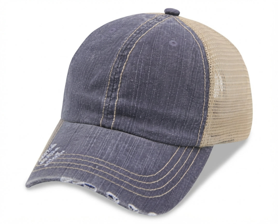 6 Panel Herringbone Low Profile Distressed Trucker Cap