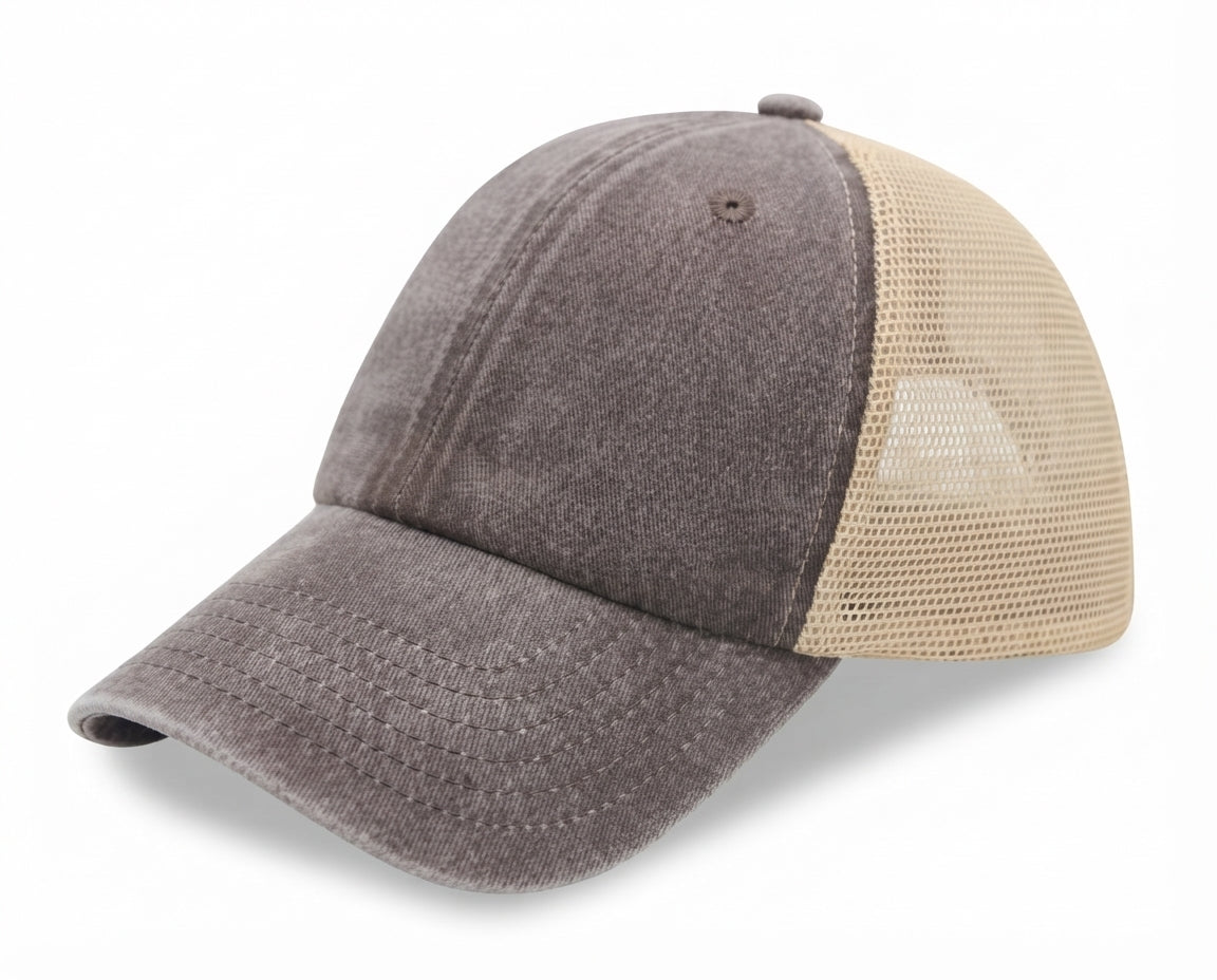 6 Panel Low Profile Trucker Cap Garment Washed Pigment Dyed Soft Mesh Snapback