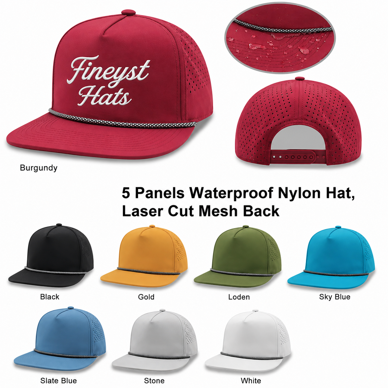 5 Panel Water Proof Nylon Hat w/Laser Cut Mesh Back