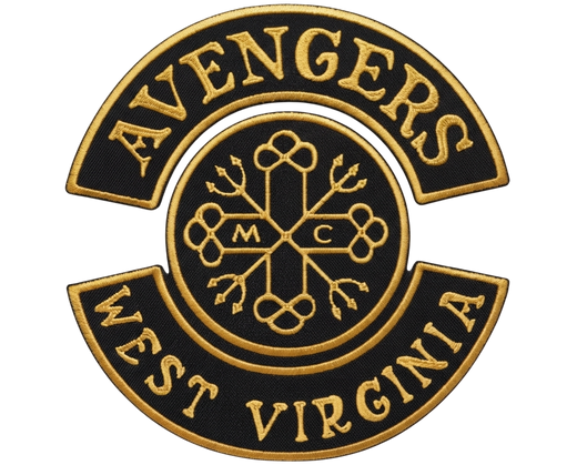 Avengers motorcycle club embroidered patch with gold lettering and black three-piece design