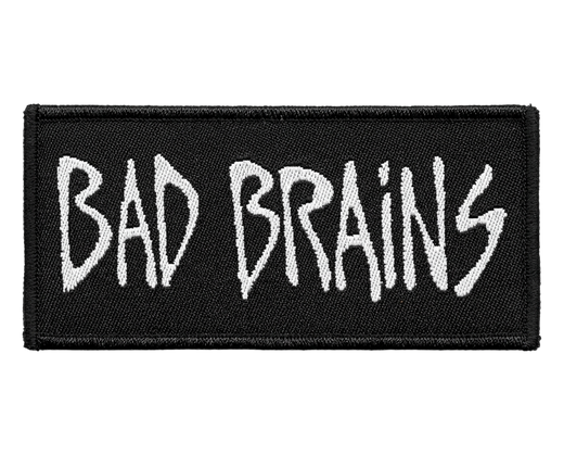 Bad Brains band logo woven patch in white handwritten text on black rectangular background