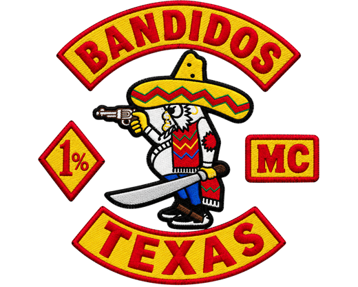 Bandidos Patches - embroidered bandit emblem with 1%, MC, and Texas bottom rocker set