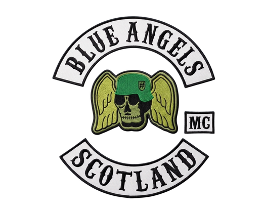Blue Angels MC Scotland biker patches with winged skull design embroidered