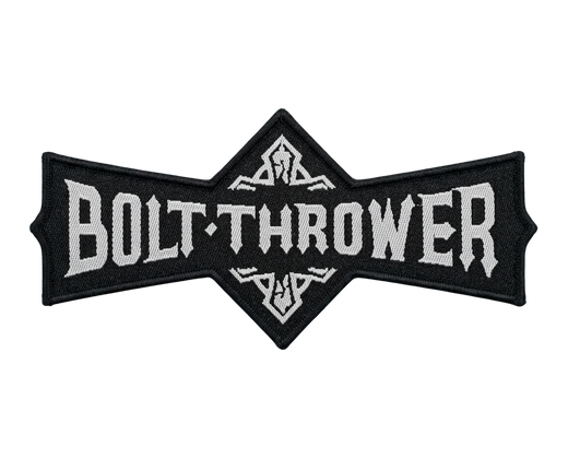 Black and white woven patch with the Bolt Thrower band logo, showing the name “BOLT·THROWER” in bold white lettering with ornamental motifs above and below the center.