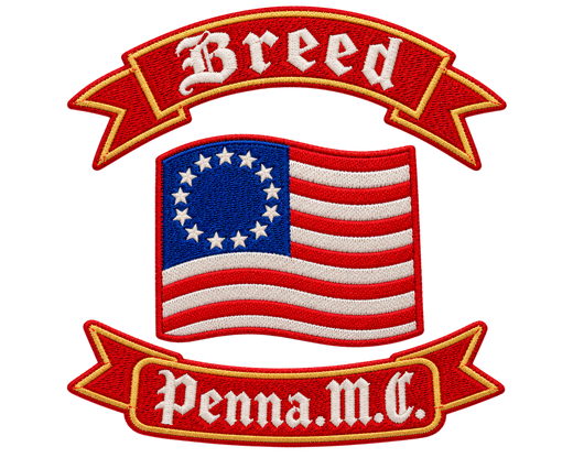Breed MC embroidered motorcycle club patch with American flag and red banner design