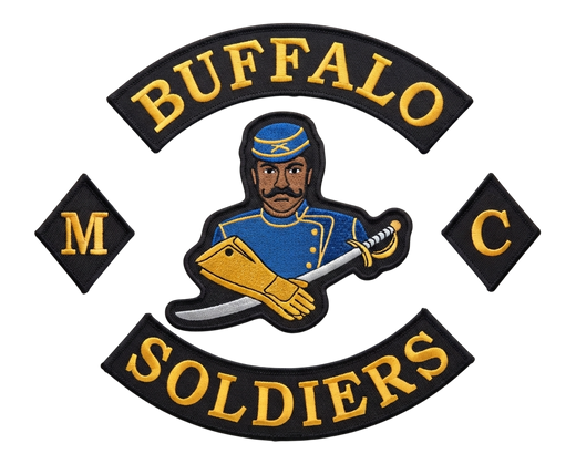 Buffalo Soldiers Motorcycle Club embroidered patch with blue uniform rider, gold lettering, and MC side patches