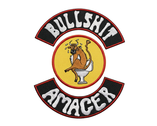 Bullshit Amacer embroidered motorcycle club patch set with cartoon bull on toilet emblem, top and bottom rockers