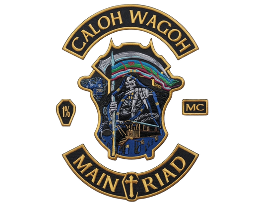 Caloh Wagoh MC Main Triad biker patches with grim reaper scythe design embroidered