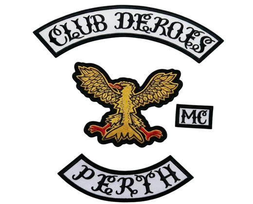 Club Deroes Perth embroidered motorcycle club patch set with golden eagle emblem, MC patch and bottom rocker