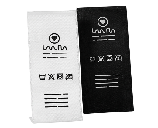 Custom care labels - black and white fabric tags with laundry wash symbols and care instructions