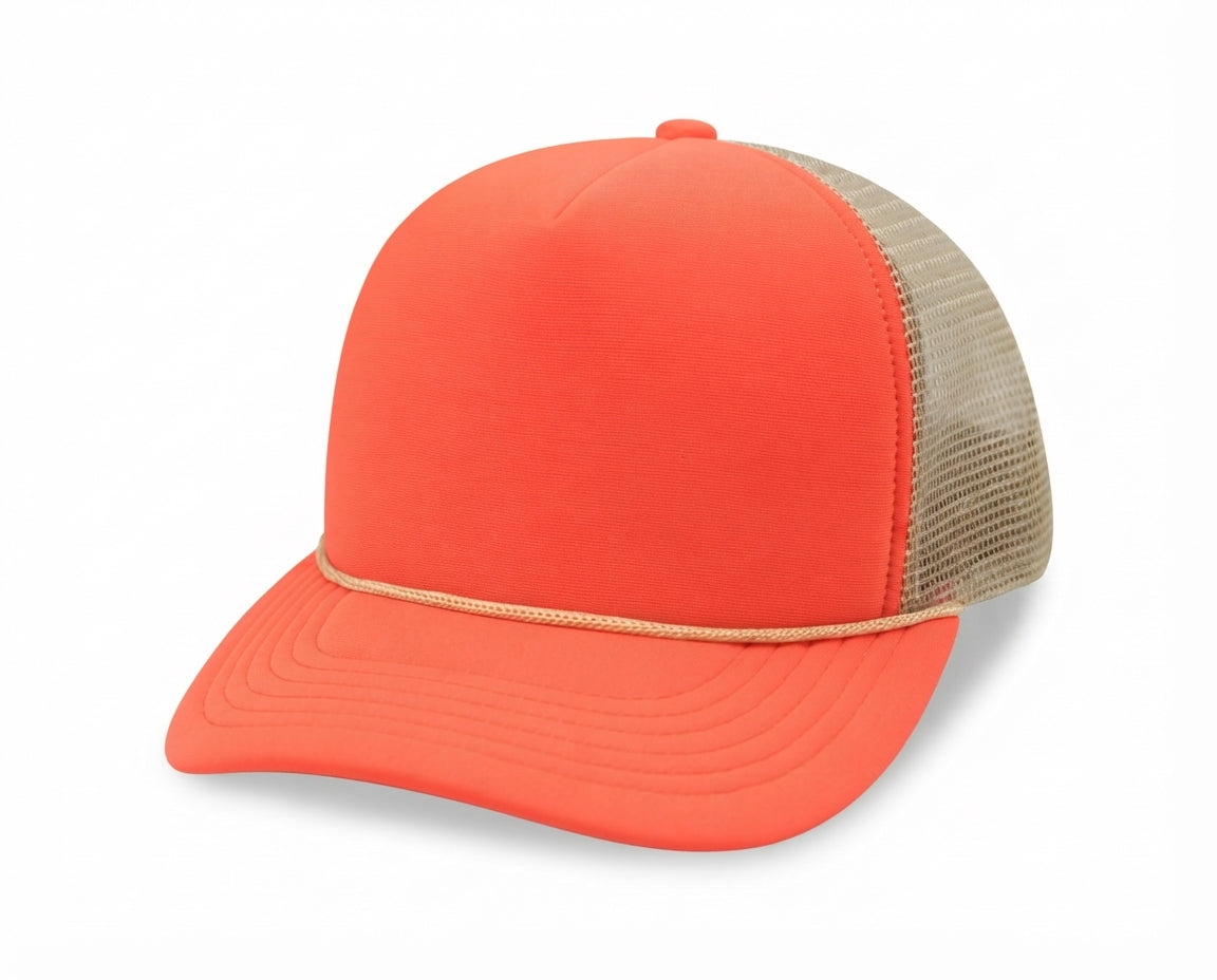 5 Panel High Profile Foam Mesh Back Trucker Cap w/Rope