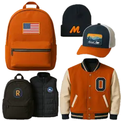 Custom patches applied to backpack, varsity jacket, vest, and hats