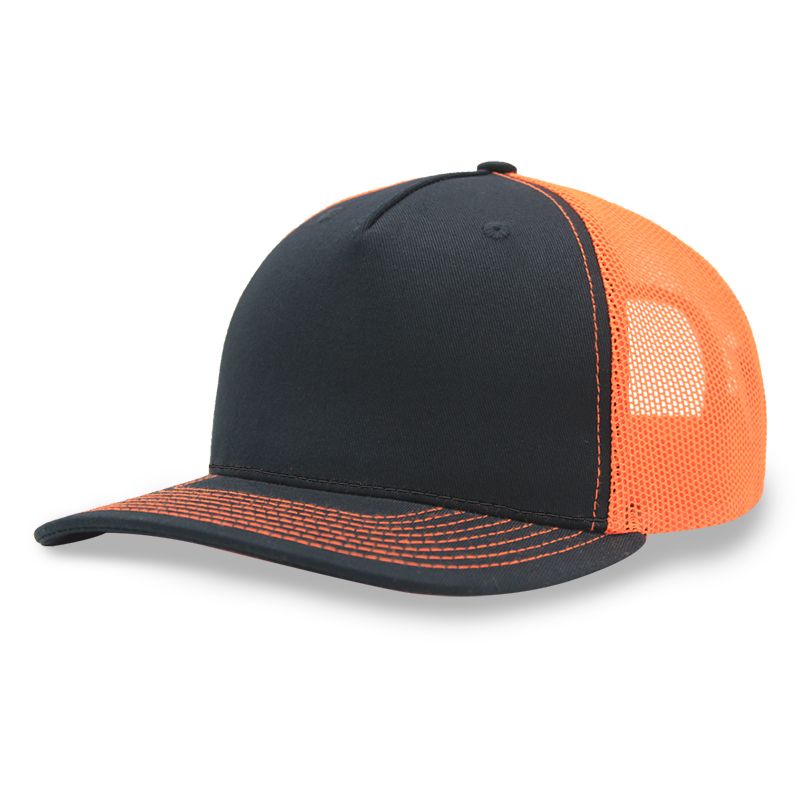 5 Panel 112FP Premier Trucker Cap in black with neon orange mesh - Fineyst Patches