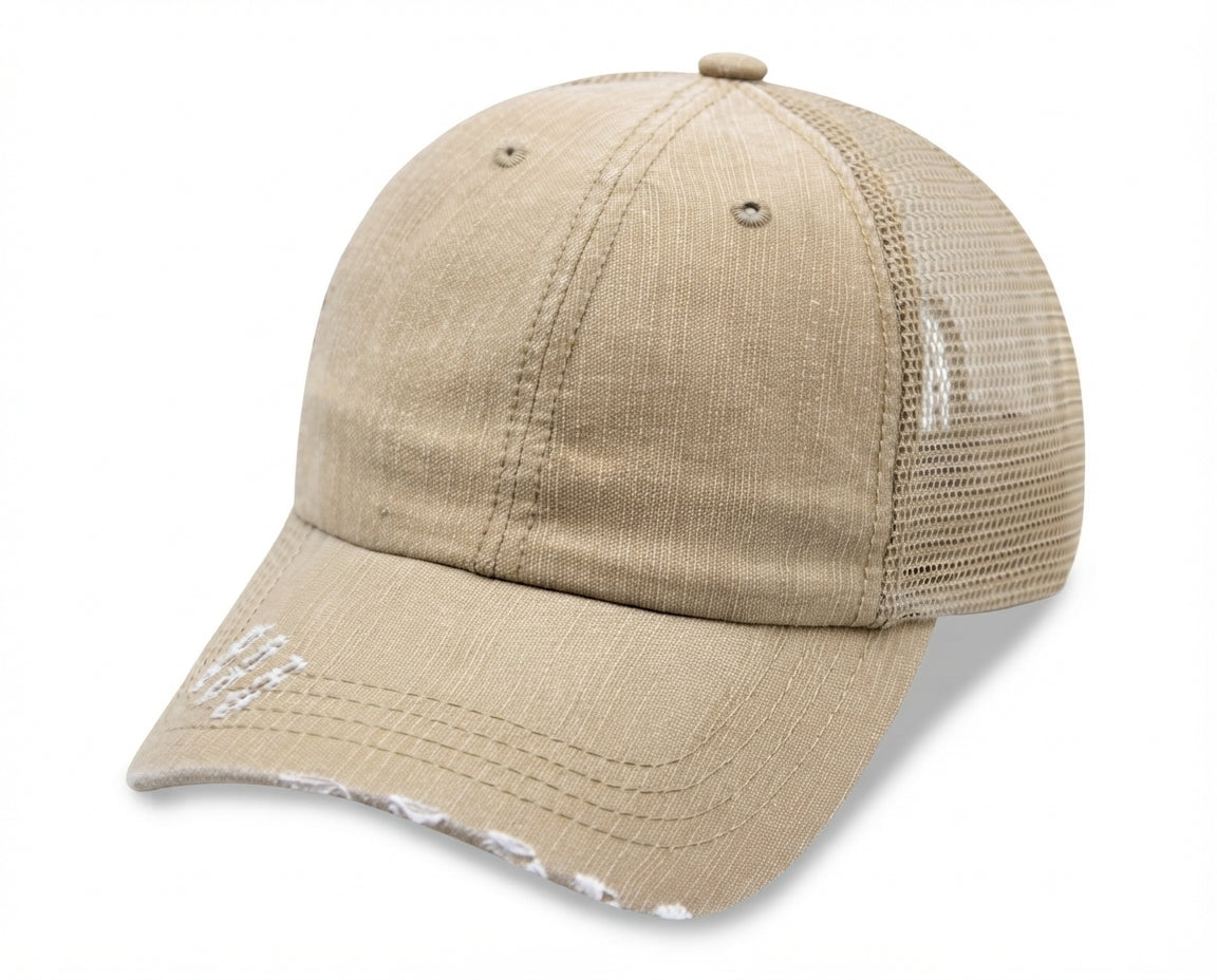 6 Panel Herringbone Low Profile Distressed Trucker Cap