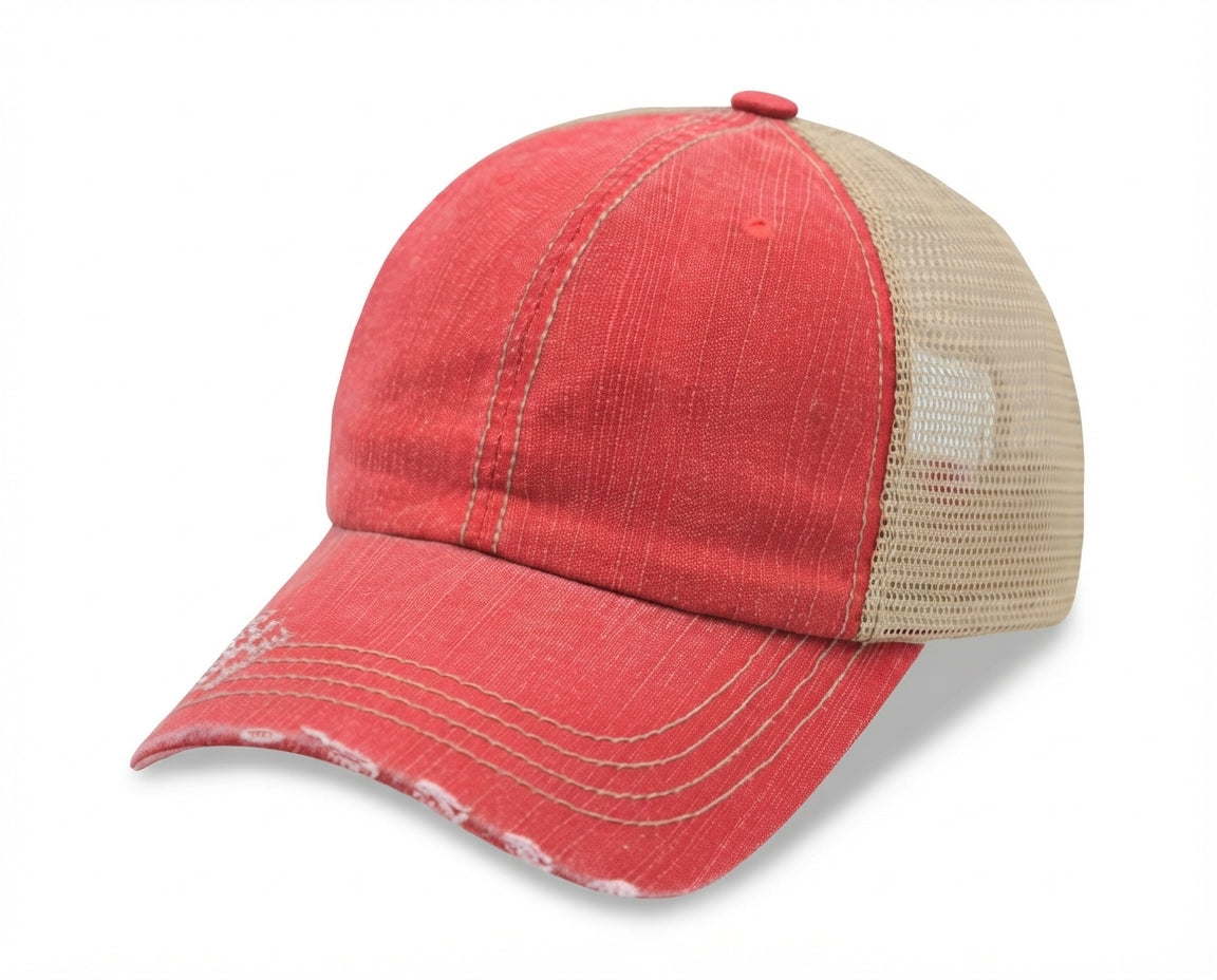 6 Panel Herringbone Low Profile Distressed Trucker Cap