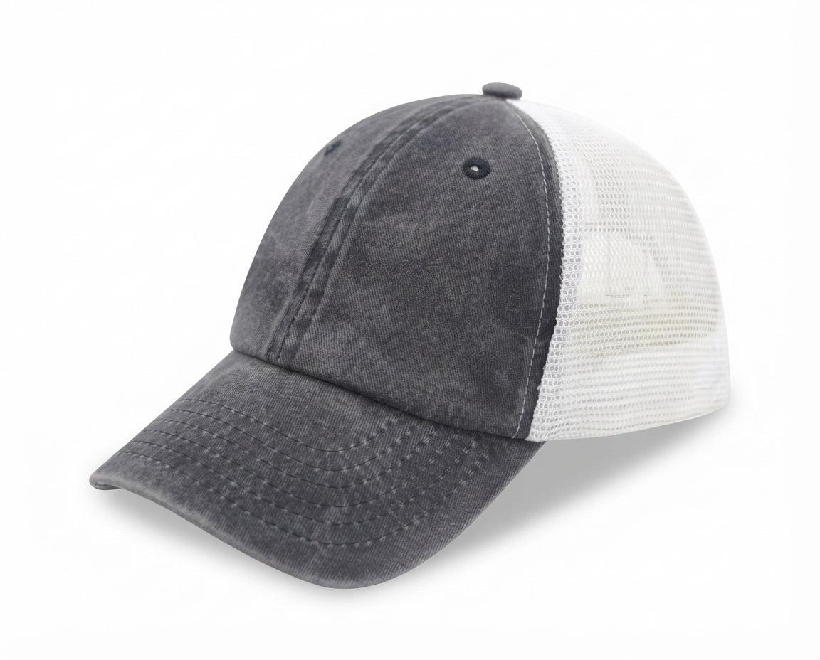 6 Panel Low Profile Trucker Cap Garment Washed Pigment Dyed Soft Mesh Snapback