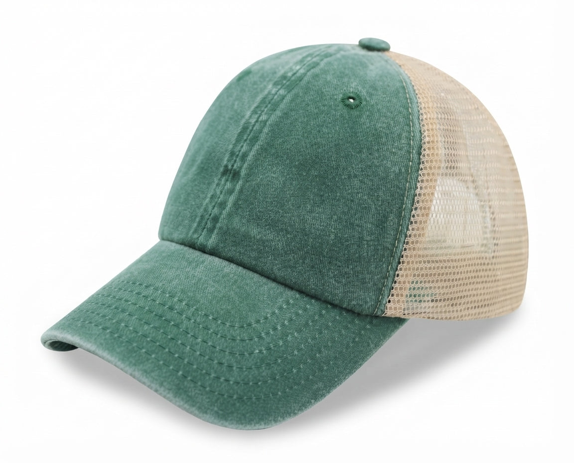 6 Panel Low Profile Trucker Cap Garment Washed Pigment Dyed Soft Mesh Snapback