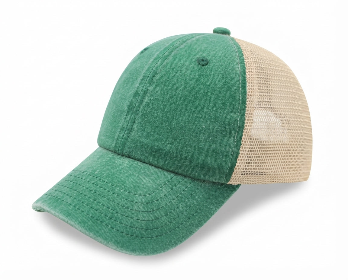 6 Panel Low Profile Trucker Cap Garment Washed Pigment Dyed Soft Mesh Snapback