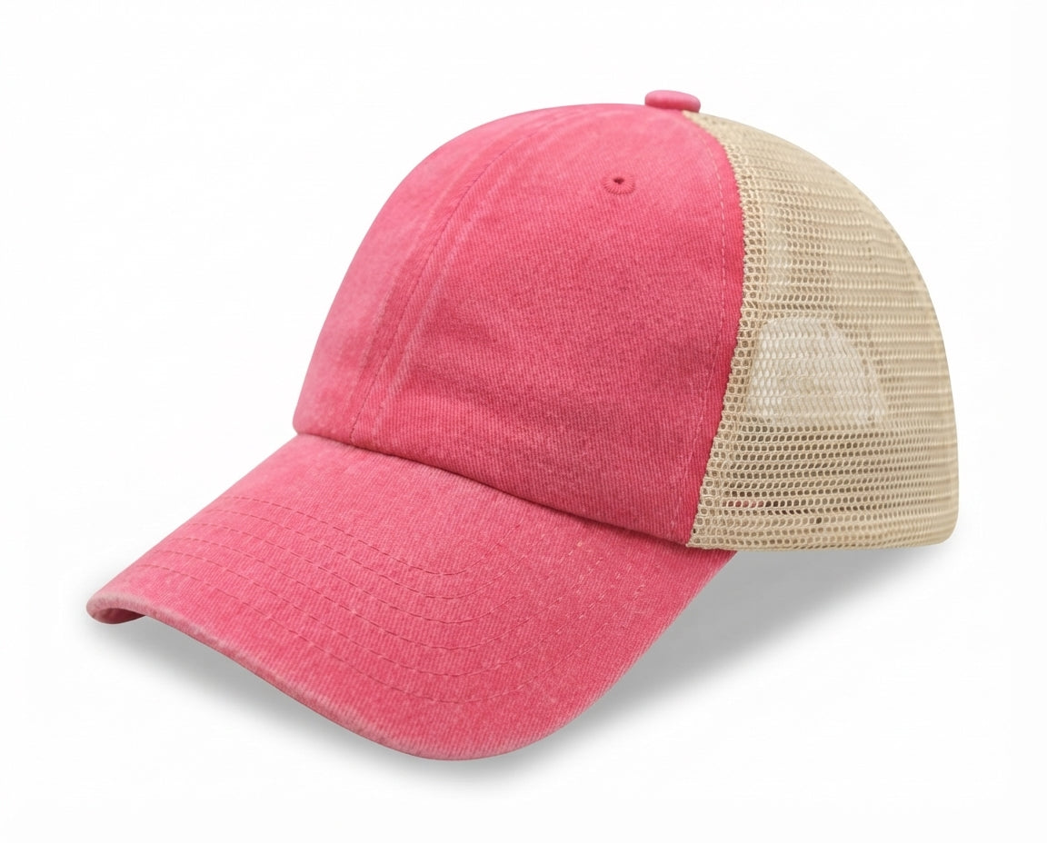 6 Panel Low Profile Trucker Cap Garment Washed Pigment Dyed Soft Mesh Snapback