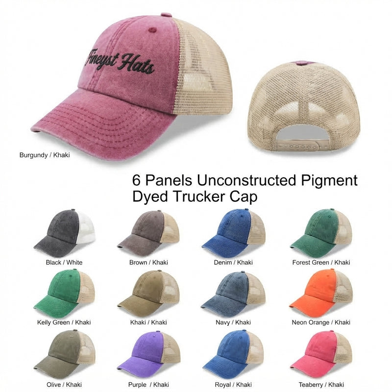 6 Panel Low Profile Trucker Cap Garment Washed Pigment Dyed Soft Mesh Snapback