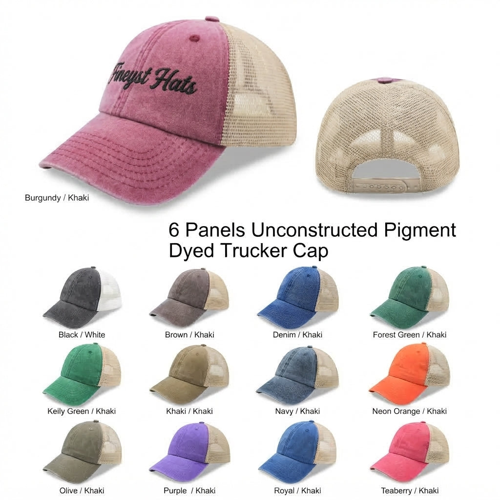 6 Panel Low Profile Trucker Cap Garment Washed Pigment Dyed Soft Mesh Snapback