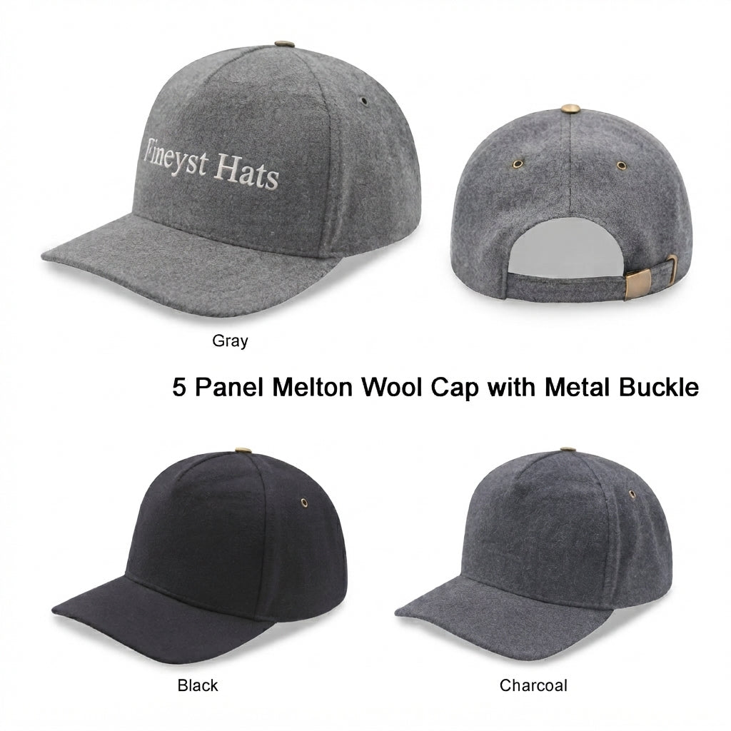 5 panel MELTON wool cap with metal buckle