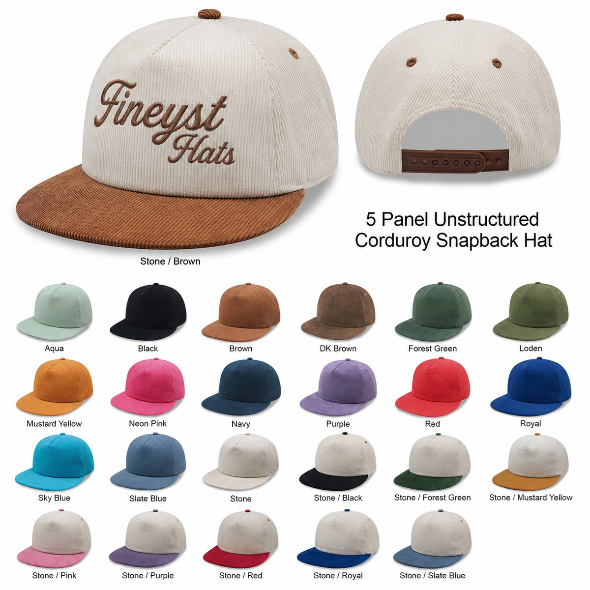5 Panel Unstructed Corduroy Snapback Hat
