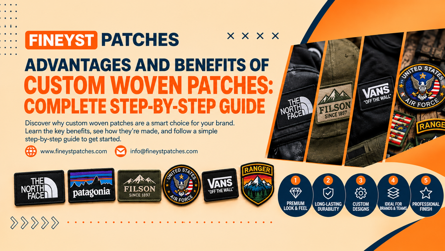 Advantages and benefits of custom woven patches complete step-by-step guide banner with The North Face, Patagonia, Filson and Vans patch examples