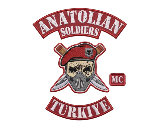 Anatolian Soldiers Turkiye embroidered motorcycle club patch set with masked skull and crossed knives emblem, MC patch and bottom rocker