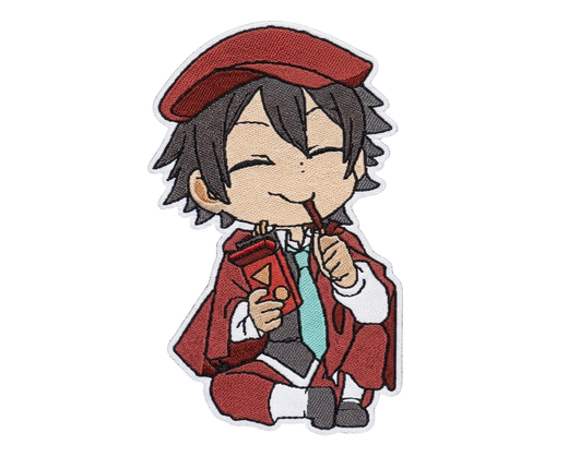 Anime chibi character woven patch with brown-haired boy in red beret and uniform holding juice box