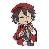 Anime chibi character woven patch with brown-haired boy in red beret and uniform holding juice box