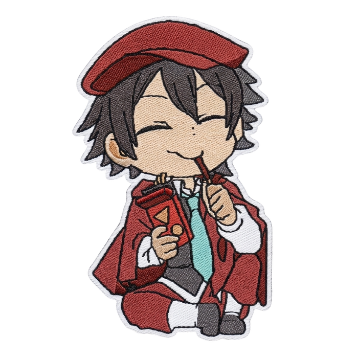 Anime chibi character woven patch with brown-haired boy in red beret and uniform holding juice box