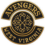 Avengers motorcycle club embroidered patch with gold lettering and black three-piece design