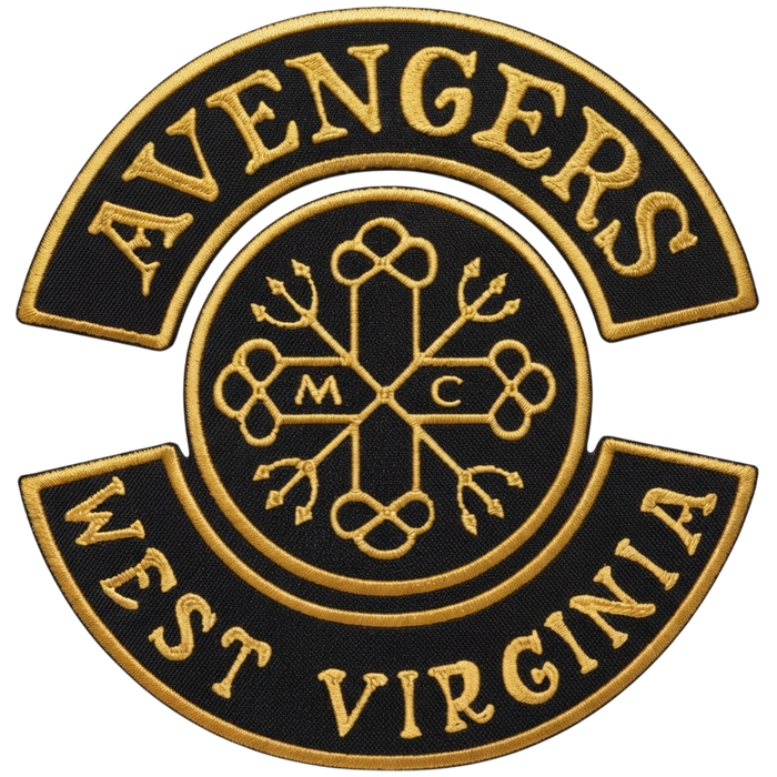 Avengers motorcycle club embroidered patch with gold lettering and black three-piece design