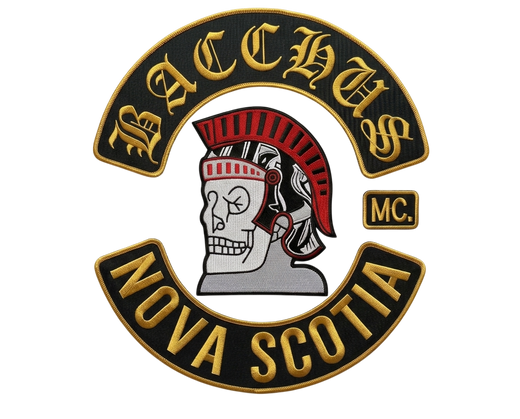 Bacchus MC Nova Scotia biker patches with gladiator skull design embroidered