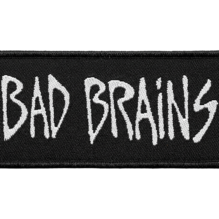 Bad Brains band logo woven patch in white handwritten text on black rectangular background