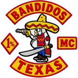 Bandidos Patches - embroidered bandit emblem with 1%, MC, and Texas bottom rocker set