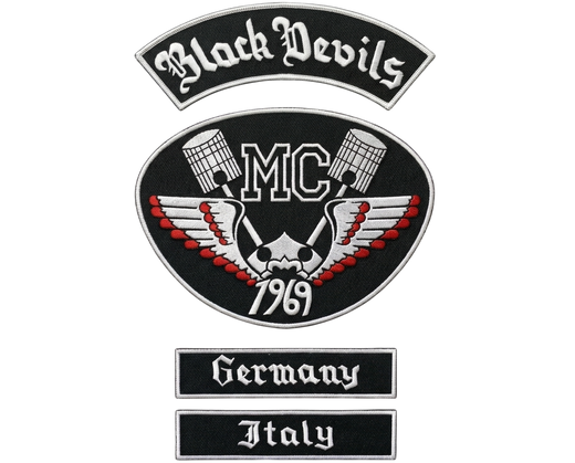 Black Devils MC biker patches with winged skull piston design and Germany Italy rockers