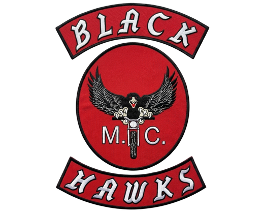 Black Hawks MC patch set with black hawk gripping motorcycle handlebars red oval design - Fineyst Patches