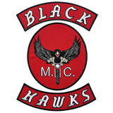 Black Hawks MC patch set with black hawk gripping motorcycle handlebars red oval design - Fineyst Patches