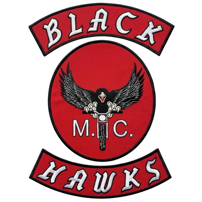 Black Hawks MC patch set with black hawk gripping motorcycle handlebars red oval design - Fineyst Patches