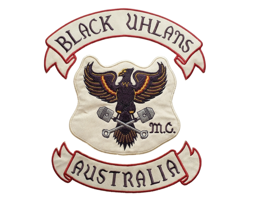 Black Uhlans Australia embroidered motorcycle club patch set with eagle and crossed pistons emblem, top and bottom rockers