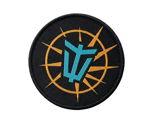 Blitzking round woven patch with teal lightning logo and orange starburst design on black background