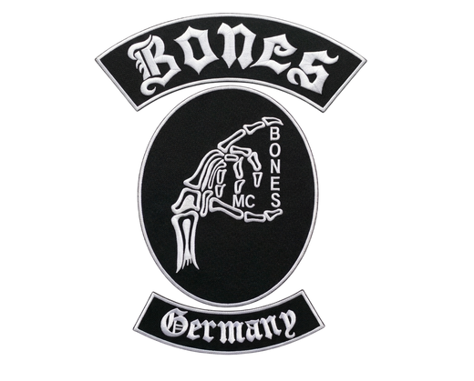Bones MC Germany embroidered motorcycle club patch set with skeleton hand emblem, top and bottom rockers