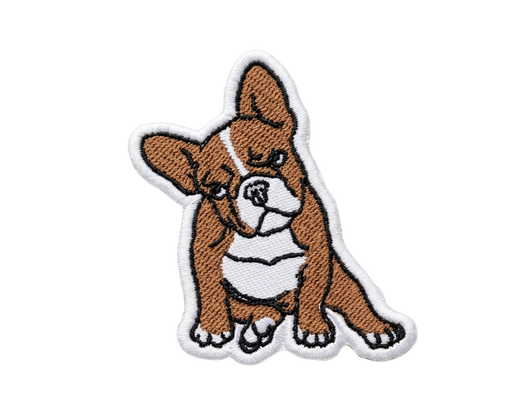 Boston Terrier woven patch with cute brown and white puppy dog design
