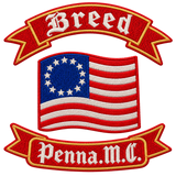 Breed MC embroidered motorcycle club patch with American flag and red banner design