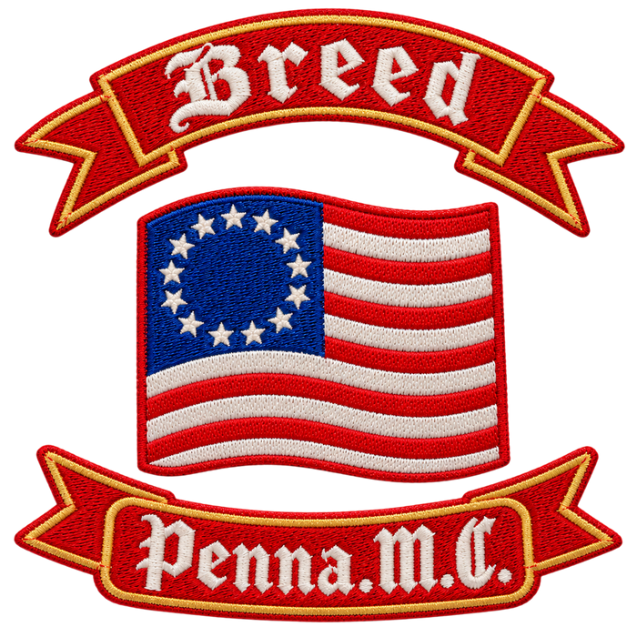 Breed MC embroidered motorcycle club patch with American flag and red banner design