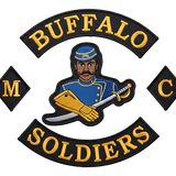 Buffalo Soldiers Motorcycle Club embroidered patch with blue uniform rider, gold lettering, and MC side patches