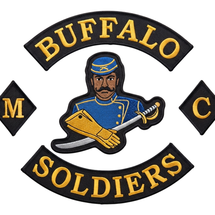 Buffalo Soldiers Motorcycle Club embroidered patch with blue uniform rider, gold lettering, and MC side patches