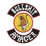 Bullshit Amacer embroidered motorcycle club patch set with cartoon bull on toilet emblem, top and bottom rockers